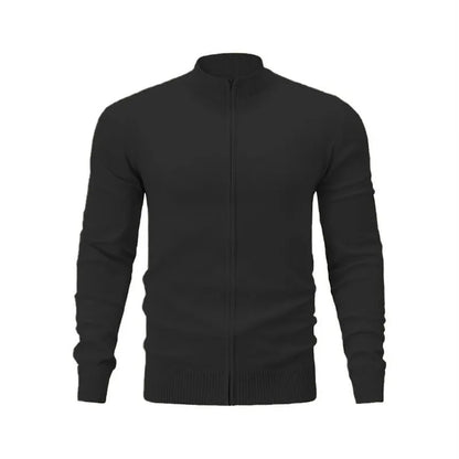 Casual zip-front cotton sweater with a stand collar shown in a solid colour.