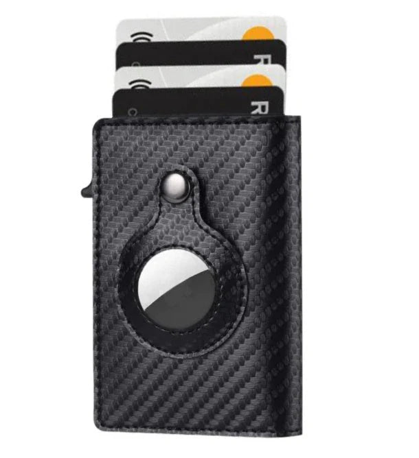 Slim leather wallet with built-in AirTag holder, featuring RFID-blocking technology and convenient card access