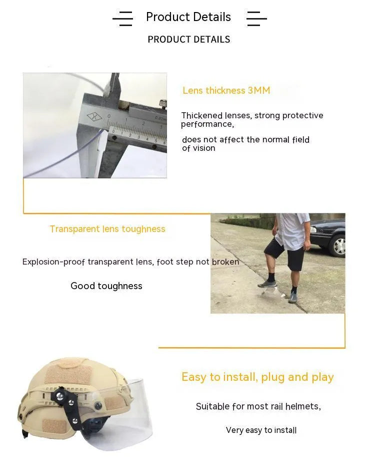 Transparent polycarbonate face shield helmet attachment with guide rail mount measuring 30cm by 15cm