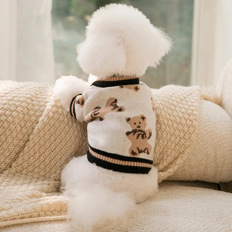 Bear pattern dog sweater in beige or red, lightweight polyester pullover for small dogs and cats, sizes XS to XL