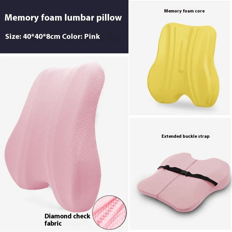 Grey lumbar support pillow for office chair measuring 40 by 40 by 8 centimetres.