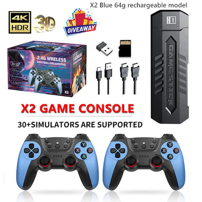 X2 Blue plastic game console with HDMI, two wireless handles and TF cards, 16x10x12cm