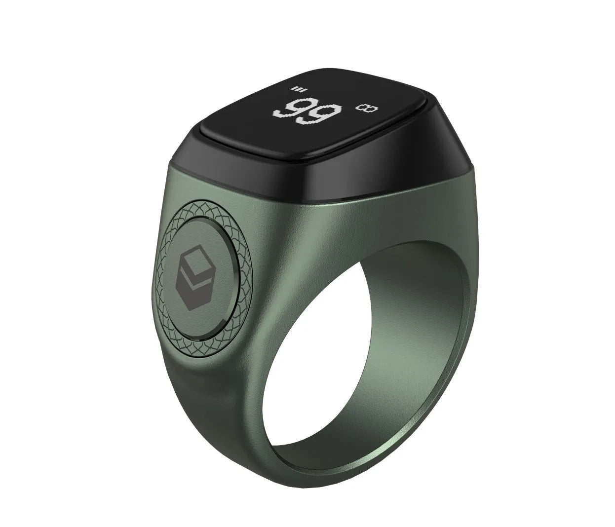 Zikr1 smart ring in metal with OLED display showing time and Tasbih count, sizes 18mm-22mm