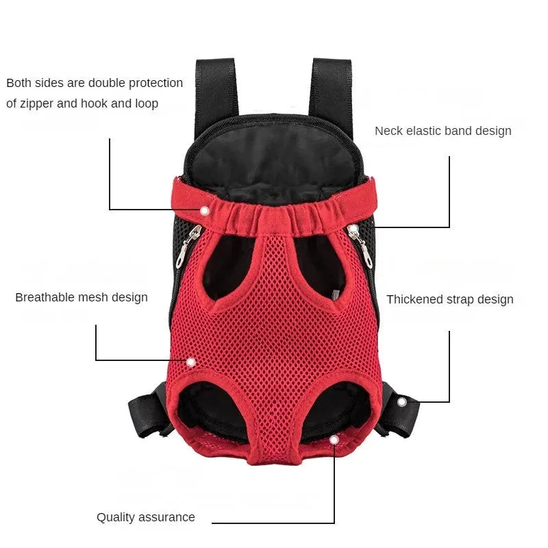 A small dog in a front-worn nylon carrier backpack with mesh panels, adjustable straps and side zips.