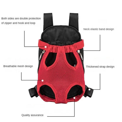 A small dog in a front-worn nylon carrier backpack with mesh panels, adjustable straps and side zips.