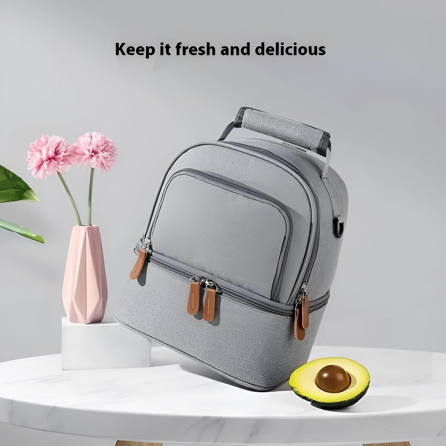 Grey Oxford cloth women's thermal insulation backpack with curved shoulder straps.
