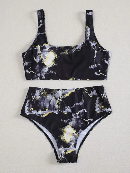Women's high-waist bikini set with U-neck top in a blue marble tie-dye print.