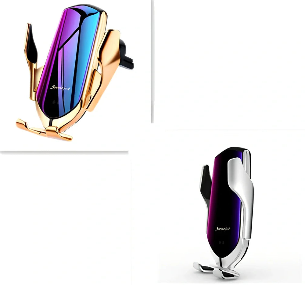 Black car wireless charger phone holder with suction cup mount and 360-degree rotation on a dashboard