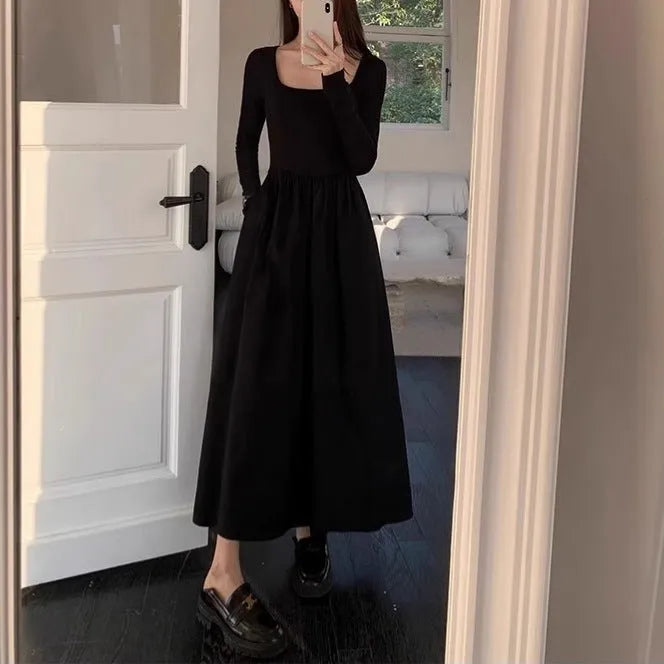 Women's square collar knitted dress in black or grey with elastic waist and A-line skirt, long sleeves