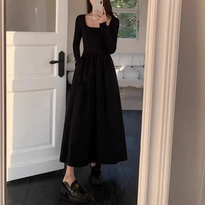 Women's square collar knitted dress in black or grey with elastic waist and A-line skirt, long sleeves