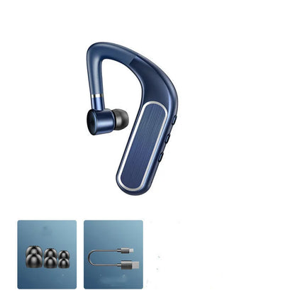 Black Bluetooth earphones with hanging ear design, showing ear caps and charging port