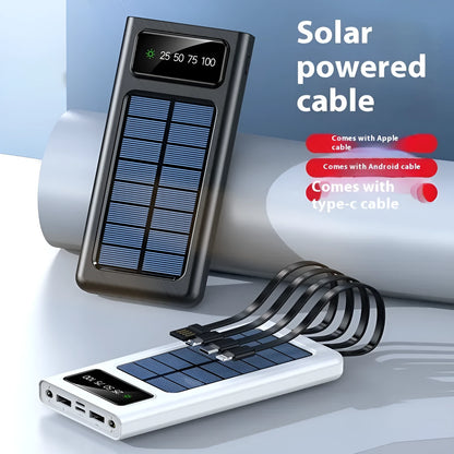 Portable solar power bank with 20000mAh capacity in black or white plastic casing