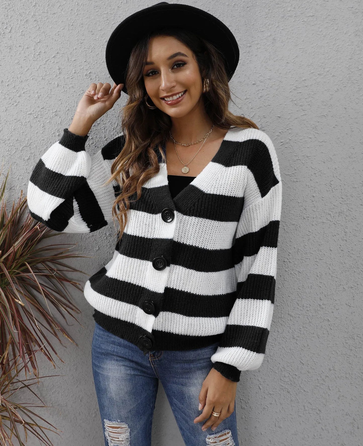 Women's deer plush cardigan with striped pattern and button stitching in blue colour