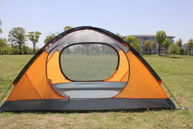 Double layer rainproof camping tent in green, orange, and blue colors for high altitude adventures
