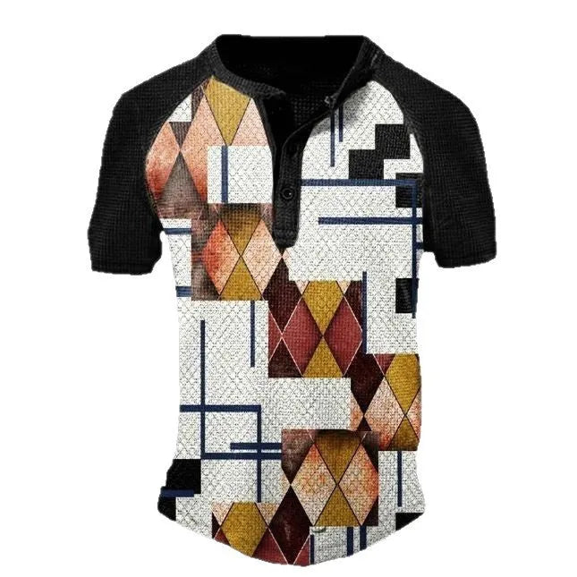 Men's grey 3D print pattern short sleeve polo shirt with lapel collar on a mannequin.