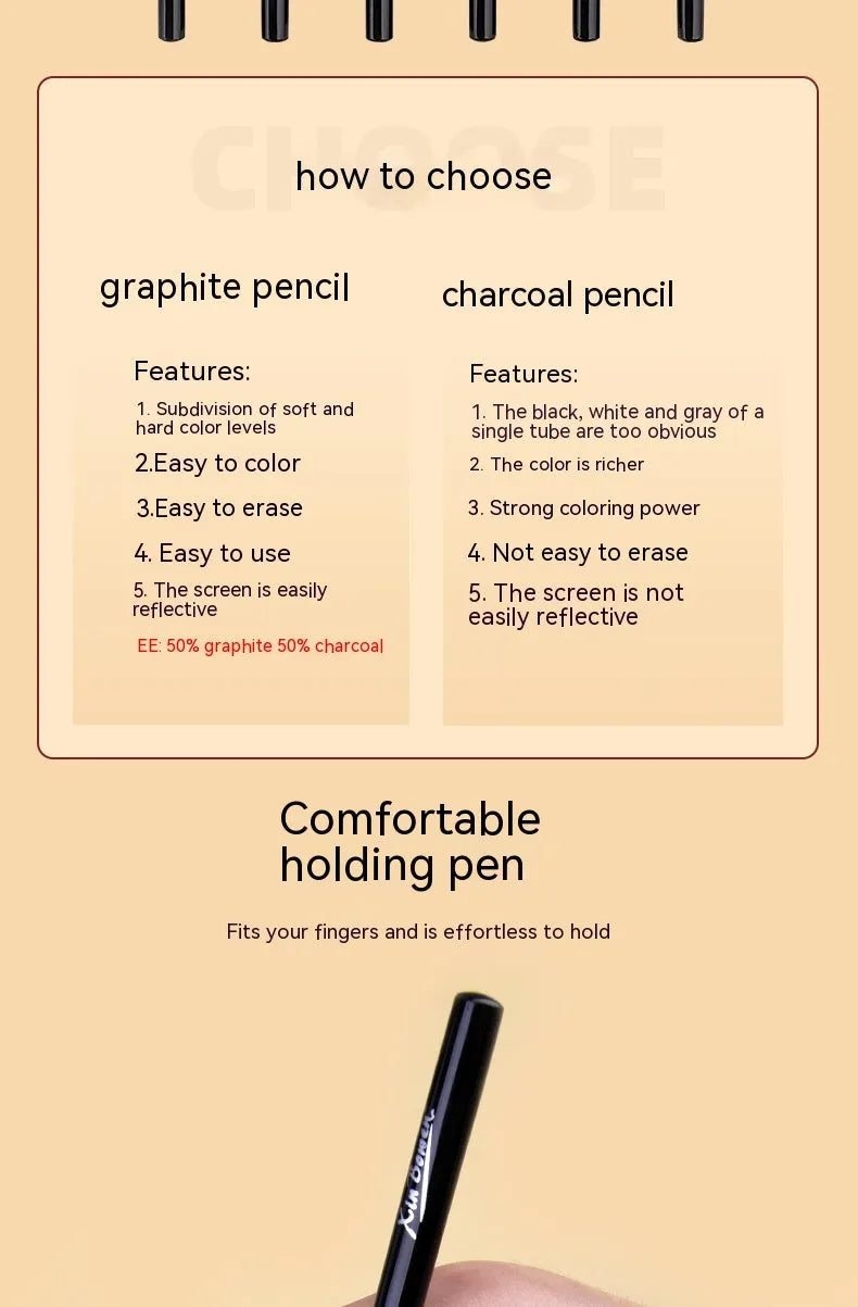 Wood-free graphite sketching pencils in six hardness grades: HB, 2B, 4B, 6B, 8B, EE with solid graphite cores