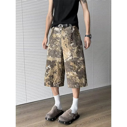 Yellow snake pattern tooling camouflage cropped jeans in 100% cotton denim, sizes S to 3XL