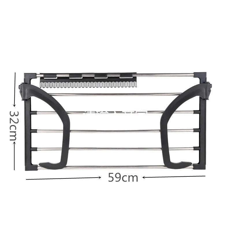Foldable stainless steel balcony drying rack in black, perfect for saving space while drying clothes and shoes