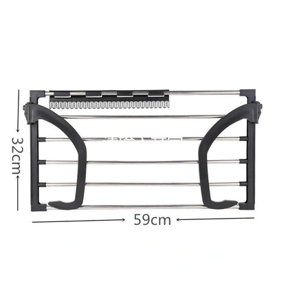 Foldable stainless steel balcony drying rack in black, perfect for saving space while drying clothes and shoes