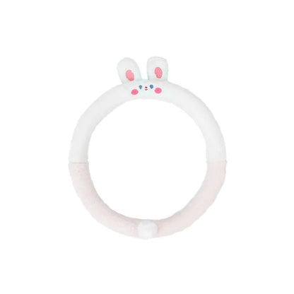Plush steering wheel cover with rabbit fur embroidery showing cartoon animal design on 38cm diameter