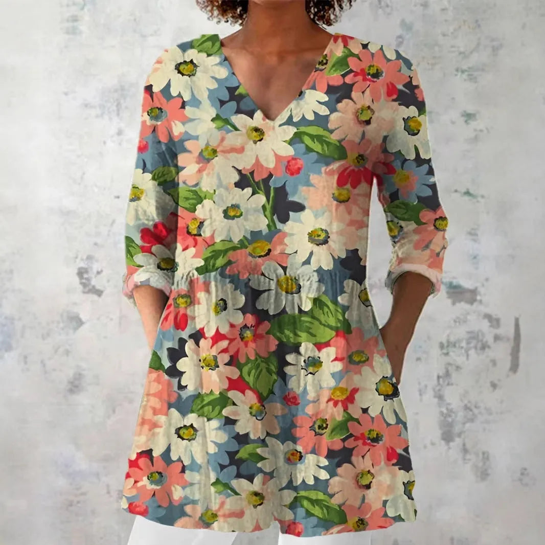 Women's retro slim fit long-sleeved top with digital printed pattern in various colours, showing front view