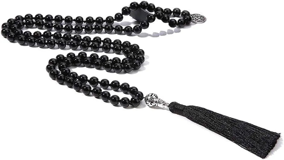 Handmade knotted beaded necklace with 108 natural stone beads in various colours.
