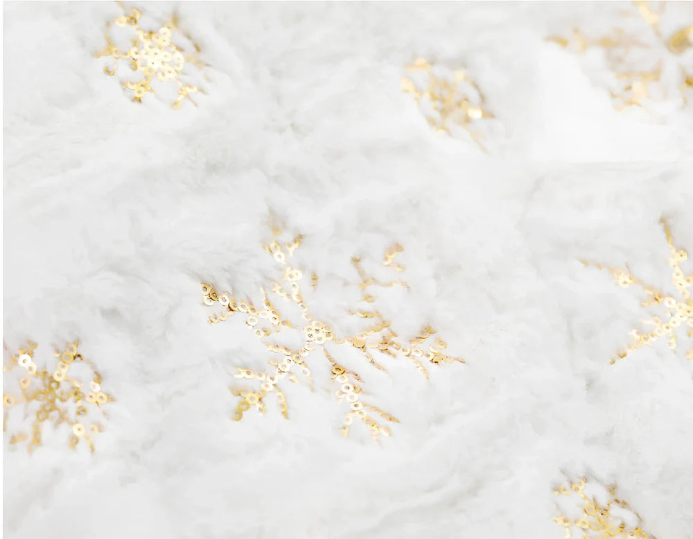 Christmas tree skirt with sequin embroidery and imitation rabbit fur trim in silver, gold, or colourful options