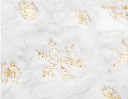 Christmas tree skirt with sequin embroidery and imitation rabbit fur trim in silver, gold, or colourful options
