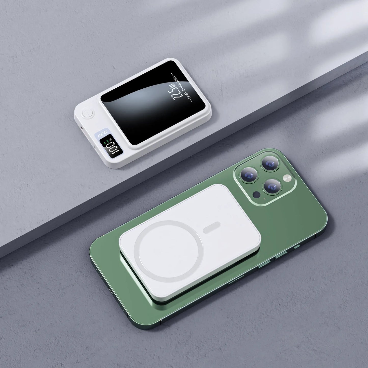 Magnetic wireless power bank for MagSafe iPhones in black, white, purple or green with fast charging capability