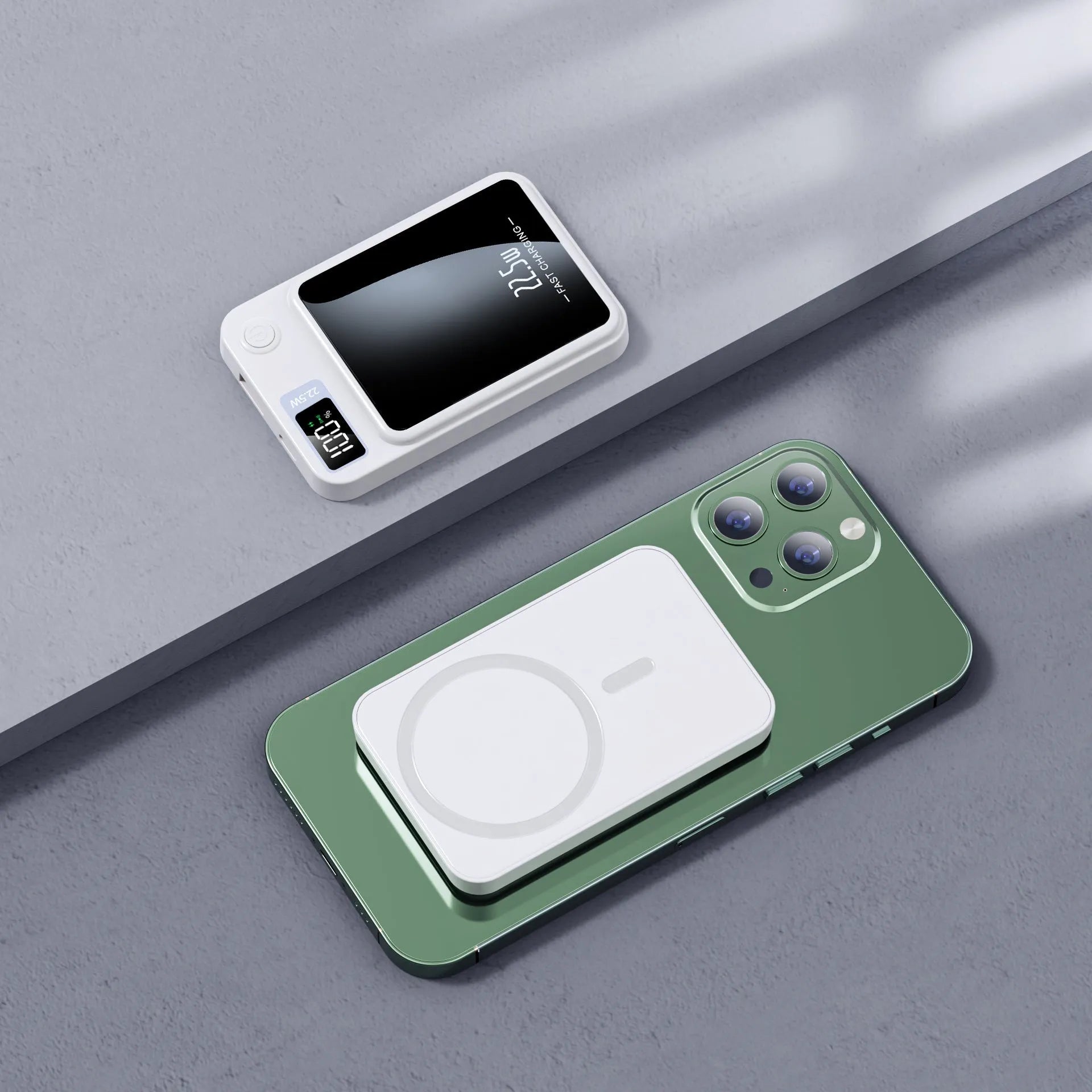 Magnetic wireless power bank for MagSafe iPhones in black, white, purple or green with fast charging capability