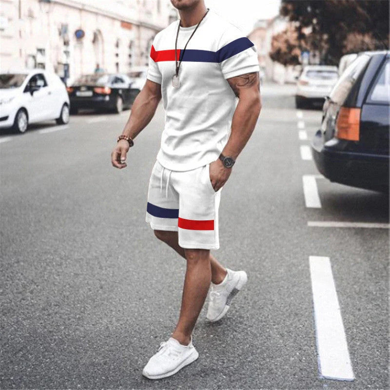 Men's Athletic Leisure Patchwork Short Sleeve Fitness Suit in various colors