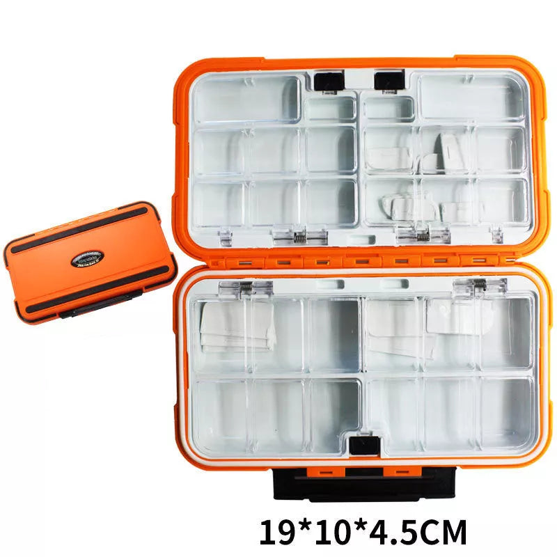 Double-layer spring fishing accessory box in army green, orange, black, and grey colors