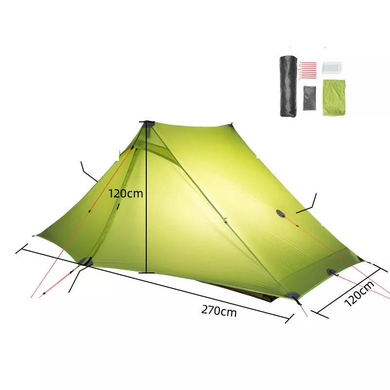 Ultra-light 20D double-sided silicon coated poleless hiking tent in grey, green, or khaki