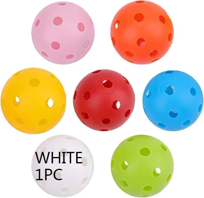 Multi-colour golf practice balls in red, orange, blue, green, white, and yellow, 42mm diameter, packed in a net pocket