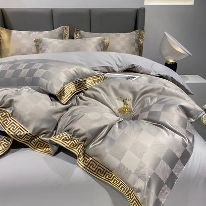 Cotton jacquard bed set with embroidery detailing and deep pocket fitted sheets in Advanced Grey colour