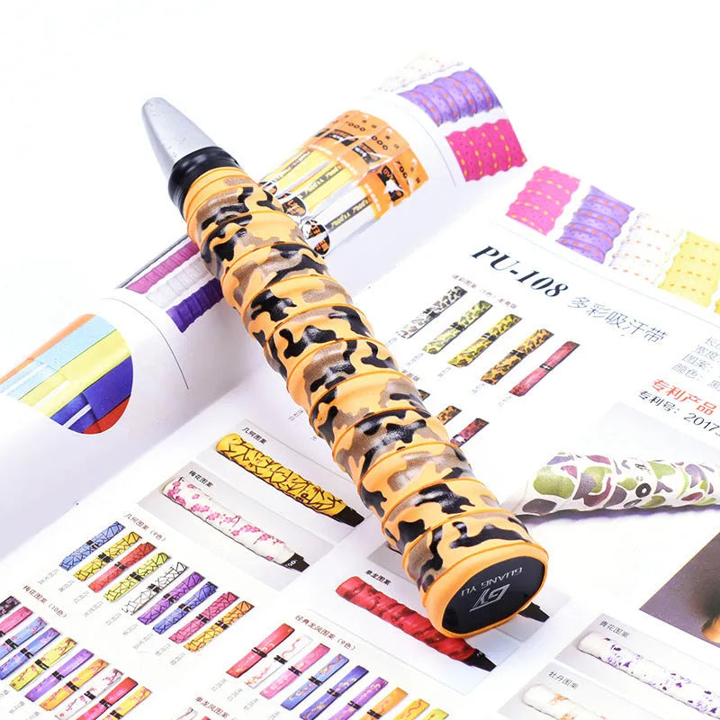 Roll of PU camouflage print grip tape for badminton racket, fishing rod and table tennis bat handles.
