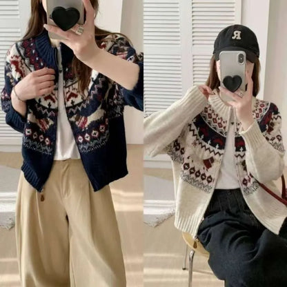 Ethnic jacquard pullover sweater with 3D pattern in apricot colour, showing round neck and long sleeves