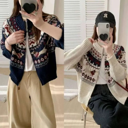Ethnic jacquard pullover sweater with 3D pattern in apricot colour, showing round neck and long sleeves