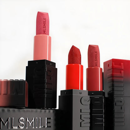 MLSMILE embossed lipstick three-piece set in open box showing three lipsticks.