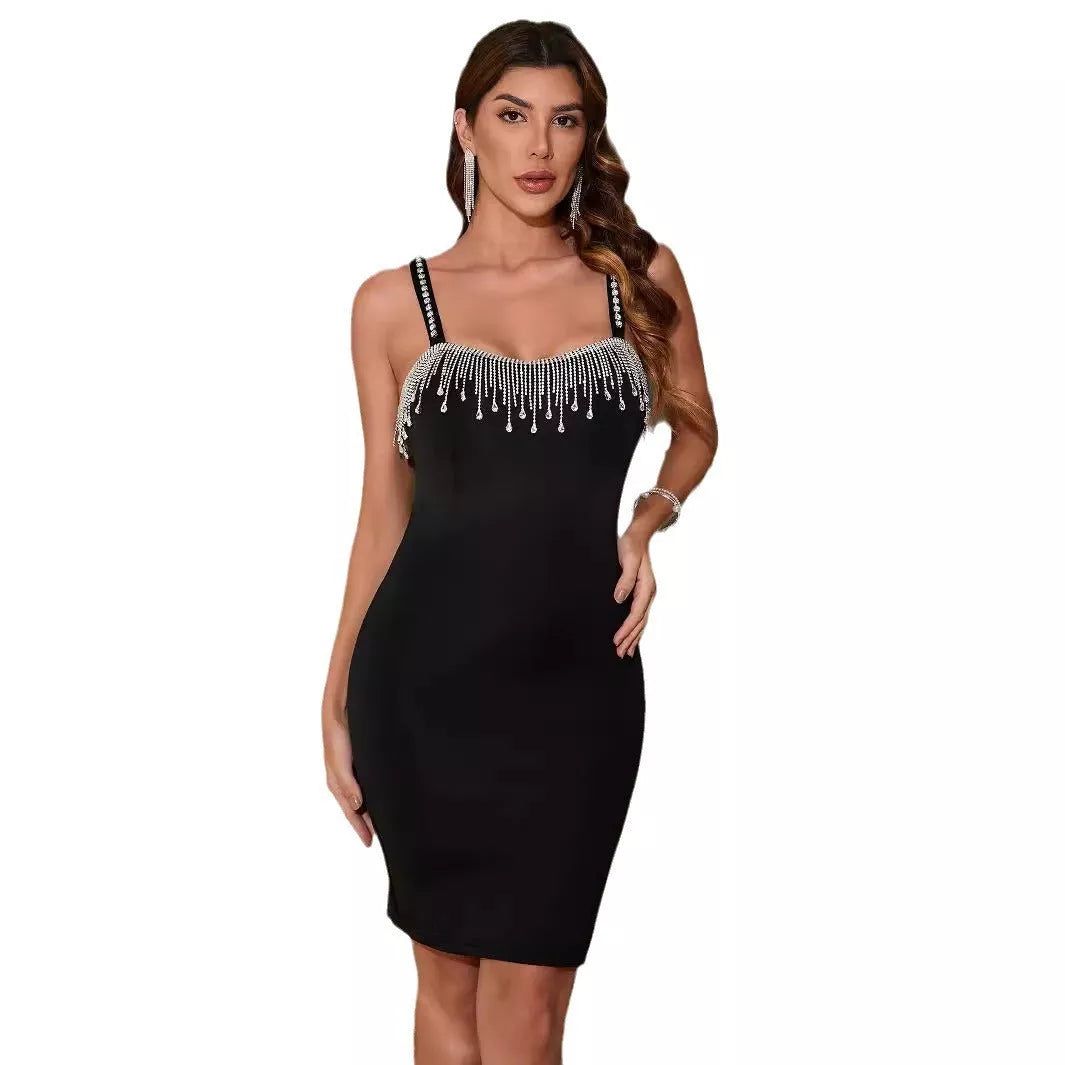 Black fringe sleeveless mini dress with high waist and sling style