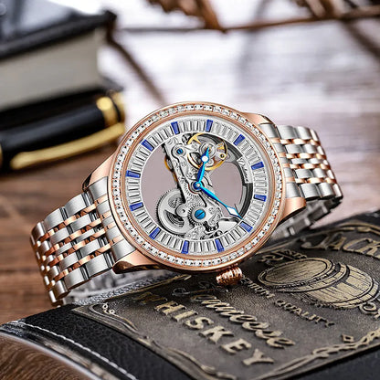 Luxury zircon men's mechanical watch with 12mm case, mineral glass, and onion head crown on wrist