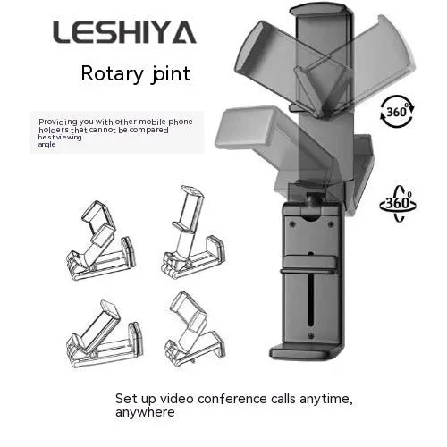 Black foldable rotating phone holder stand on a desk, showing universal phone compatibility and adjustable angles