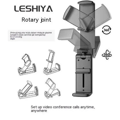 Black foldable rotating phone holder stand on a desk, showing universal phone compatibility and adjustable angles
