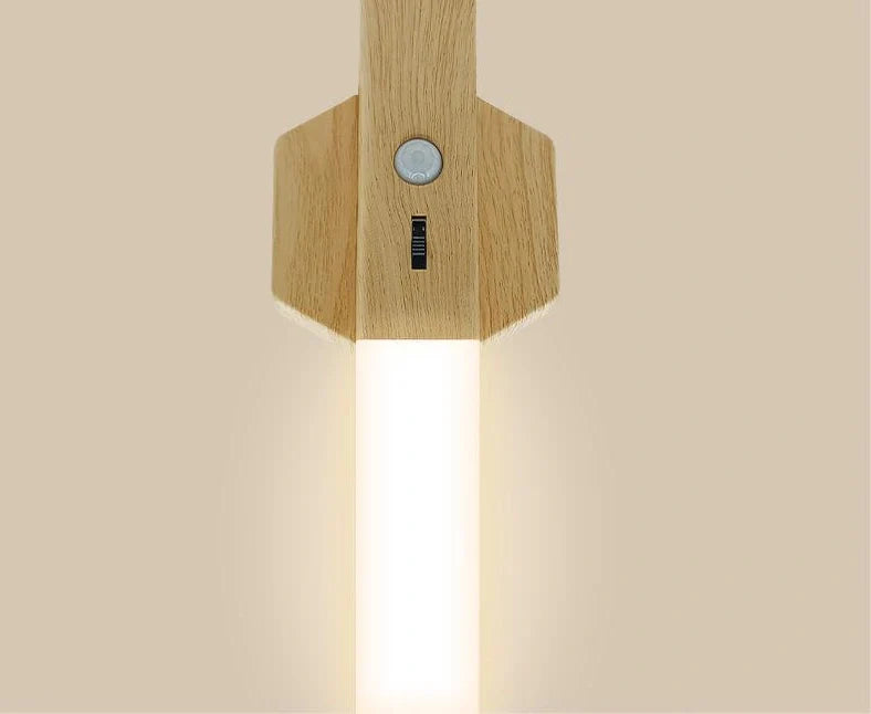Geometric wooden night lamp measuring 20cm long with LED induction lighting and Nordic design