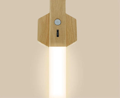 Geometric wooden night lamp measuring 20cm long with LED induction lighting and Nordic design