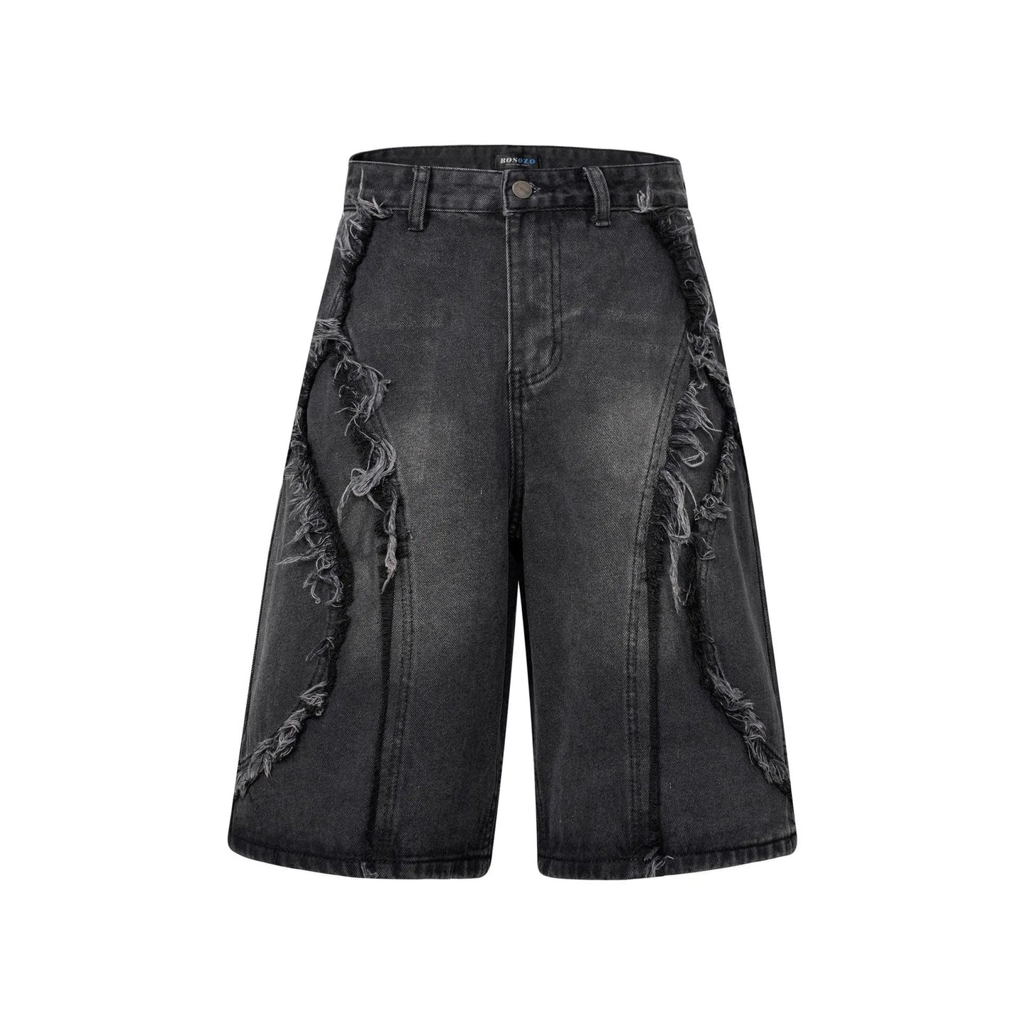 American Pu Shuai black distressed denim shorts with raw edge hem, straight leg, on a plain background.