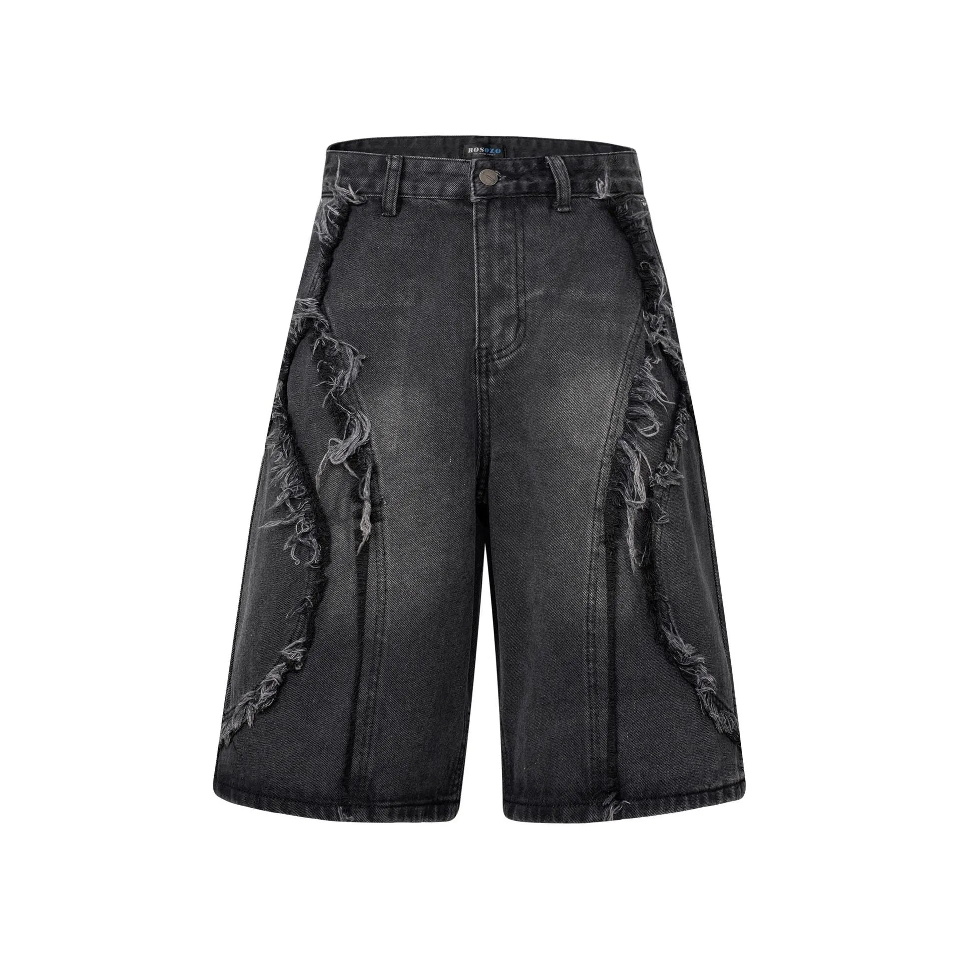 American Pu Shuai black distressed denim shorts with raw edge hem, straight leg, on a plain background.