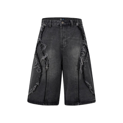 American Pu Shuai black distressed denim shorts with raw edge hem, straight leg, on a plain background.