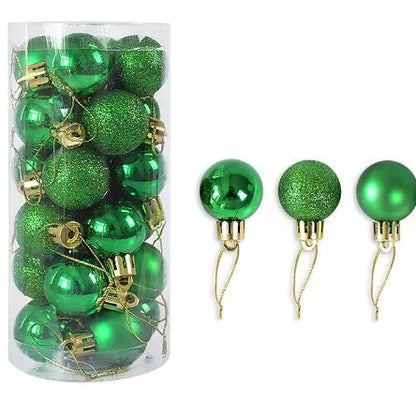 Assortment of 3cm diameter gold, red, silver, and blue barrel-shaped Christmas baubles with an electroplated finish.
