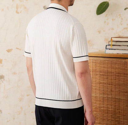 Slim elastic lapel short-sleeved polo shirt in black or white, showing lapel collar and slim fit design.